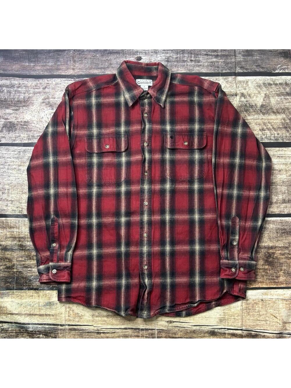 Carhartt Shirt Mens Large Flannel Work Cotton Red Button Down Pockets